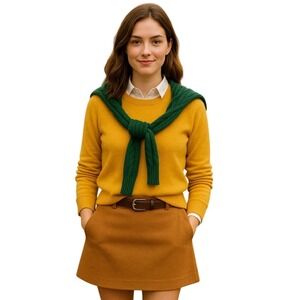J. Crew Mustard Cashmere Crewneck Sweater Size M Soft Classic Minimalist Preppy